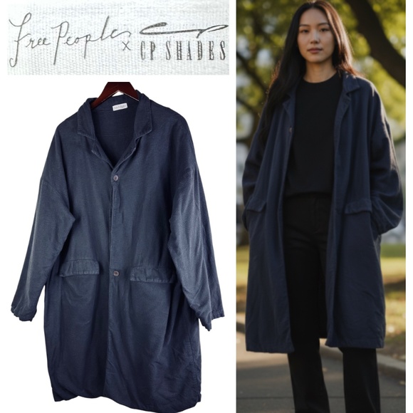 Free People x CP Shades Jacket Coat Oversize Large Navy Blue Minimalist Fleece - Picture 1 of 7